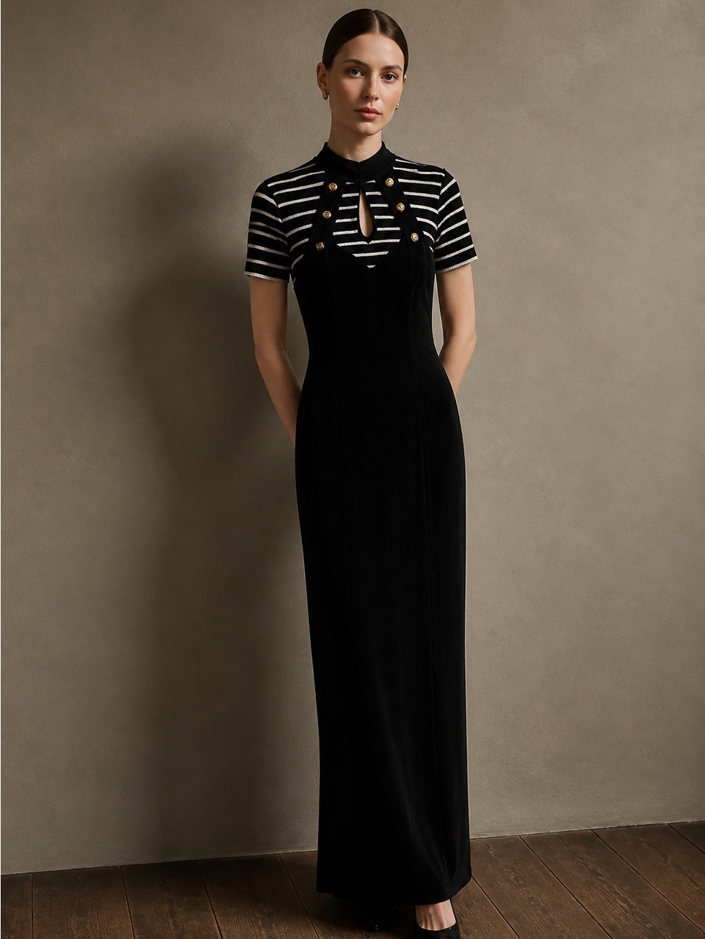 Joseph Ribkoff Black and White Striped Yoke Maxi Dress
